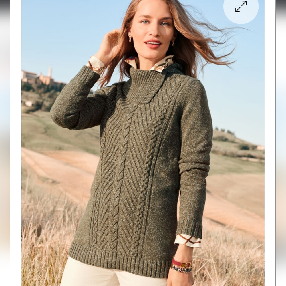 Talbots Split Cowlneck Cable Knit Marled Olive Sweater - Size Large